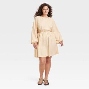 NWT Universal Thread BALLOON LONG SLEEVE MINI A-LINE DRESS Tan XXL NEW Linen